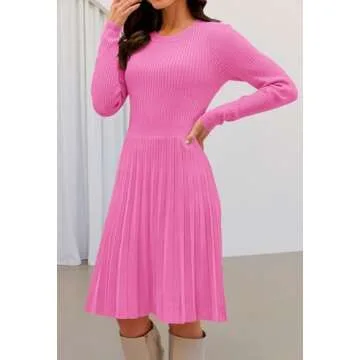 MEROKEETY Women's 2024 Long Sleeve Mini Sweater Dress Crewneck Ribbed Knit A Line Pleated Swing Shor...