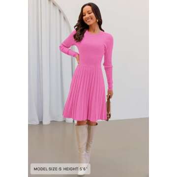 MEROKEETY Women's 2024 Long Sleeve Mini Sweater Dress Crewneck Ribbed Knit A Line Pleated Swing Short Dresses, HotPink, Small
