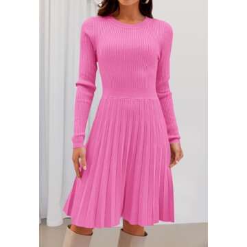 MEROKEETY Women's 2024 Long Sleeve Mini Sweater Dress Crewneck Ribbed Knit A Line Pleated Swing Short Dresses, HotPink, Small