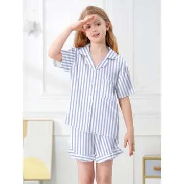 Umeyda Girls Satin Silky Collar V Neck Ruffle Short Sleeve Top and Shorts Pajamas Set, Blue Striped, 7-8 Years