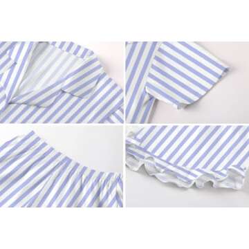 Umeyda Girls Satin Silky Collar V Neck Ruffle Short Sleeve Top and Shorts Pajamas Set, Blue Striped, 7-8 Years