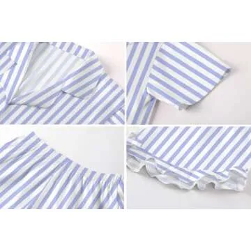 Umeyda Girls Satin Silky Collar V Neck Ruffle Short Sleeve Top and Shorts Pajamas Set, Blue Striped, 7-8 Years