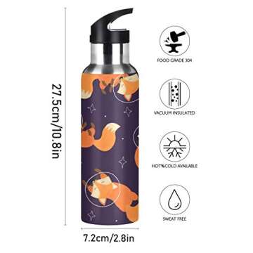 Cute Fox Animal Space Star Sport Water Bottle with Straw, Vacuum Insulated Stainless Steel Thermal F...