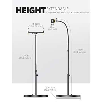 Lamicall Tablet Floor Stand - Gooseneck Swivel Holder Mount with Adjustable Height & 10.6lb Stable Base, Compatible iPad Mini Air Pro 12.9/9.7, Galaxy Tab, Kindle, Cell Phones (4.7''-13'')