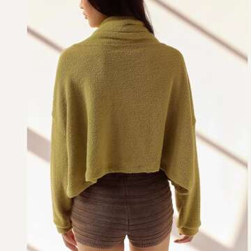 SeeLuNa Women Trendy Cropped Pullover Tops V Wrap Funnel Neckline Long Sleeve Knit Pullover Sweater(Yellow,M)