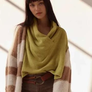 SeeLuNa Women Trendy Cropped Pullover Tops V Wrap Funnel Neckline Long Sleeve Knit Pullover Sweater(Yellow,M)