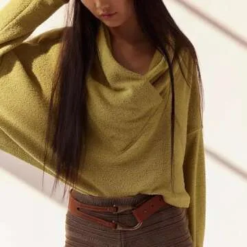 SeeLuNa Women Trendy Cropped Pullover Tops V Wrap Funnel Neckline Long Sleeve Knit Pullover Sweater(Yellow,M)