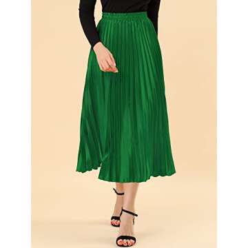 Allegra K Women's Party Elastic Waist Metallic Shiny Accordion Pleated Midi Skirt Small Green