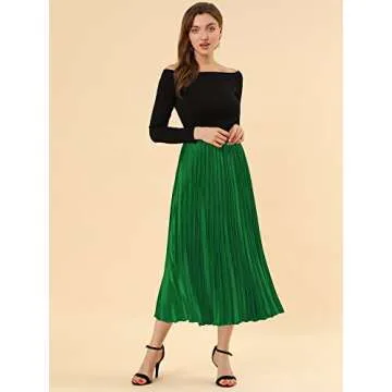 Allegra K Women's Party Elastic Waist Metallic Shiny Accordion Pleated Midi Skirt Small Green