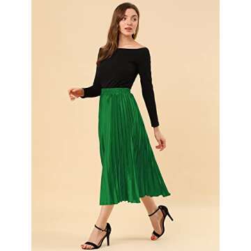 Allegra K Women's Party Elastic Waist Metallic Shiny Accordion Pleated Midi Skirt Small Green