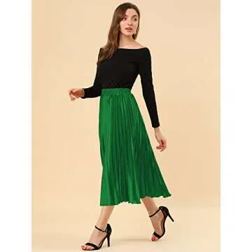 Allegra K Women's Party Elastic Waist Metallic Shiny Accordion Pleated Midi Skirt Small Green