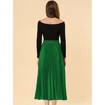 Allegra K Women's Party Elastic Waist Metallic Shiny Accordion Pleated Midi Skirt Small Green