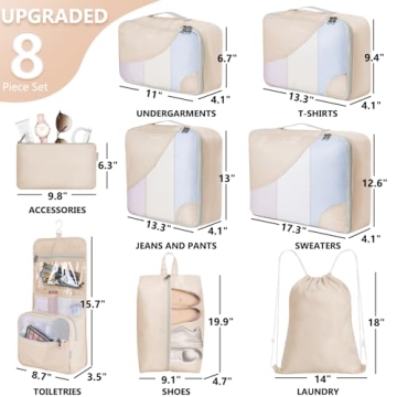 8 Packing Cubes Set with Toiletry Bag for Travel