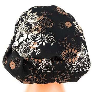 Womens Black Floral Surgical Scrub Hat Nurse Cap Euro Style Adjustable Bouffant