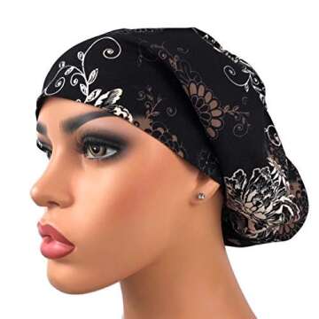 Womens Black Floral Surgical Scrub Hat Nurse Cap Euro Style Adjustable Bouffant