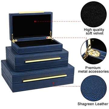 XIGEXIGE Navy Blue Shagreen Decor Storage Boxes Faux Leather Set of 3 Decorative Boxes, Large Modern men’s Jewelry Organizer Boxes with Lids For Home
