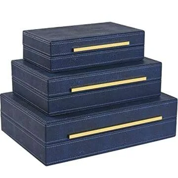 XIGEXIGE Navy Blue Shagreen Decor Storage Boxes Faux Leather Set of 3 Decorative Boxes, Large Modern men’s Jewelry Organizer Boxes with Lids For Home