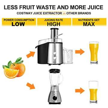 COSTWAY Juice Extractor, 75MM Wide Mouth Stainless Steel Juicer Machines, 2-Speed Setting High Speed Masticating Juicer Machine for Fruits and Vegetable with Slag Pot and Juice Jug, BPA-Free