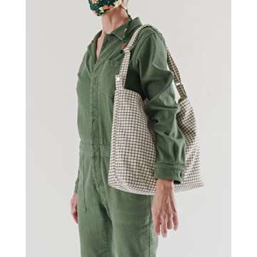 BAGGU Duck Bag Canvas Tote, Essential Everyday Tote, Spacious and Roomy, Natural Grid (2021)