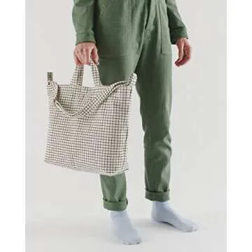 BAGGU Duck Bag Canvas Tote, Essential Everyday Tote, Spacious and Roomy, Natural Grid (2021)