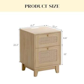 Modern Wicker Rattan Nightstand Set of 2,Rattan Stand with Drawer and Charge Station, Wooden Side Ta...