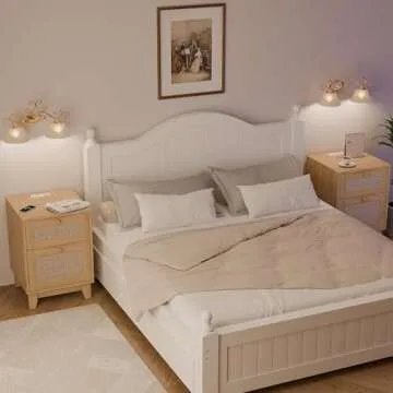 Modern Wicker Rattan Nightstand Set of 2,Rattan Stand with Drawer and Charge Station, Wooden Side Table for Small Spaces, Natural Wood BedsideTable for Bedroom,Easy Assembly(with Charging Station,2)