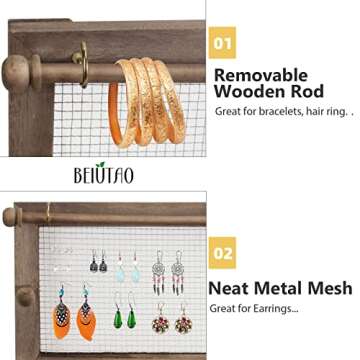BEIUTAO Jewelry Organizer, Rustic Mesh Hanging Jewelry Holder with Removable Bracelet Rod, Shelf and 16 Hooks, Wooden Earring Organizer for Necklaces, Earings, Bracelets, Ring, Gifts For Women