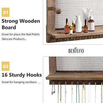 BEIUTAO Jewelry Organizer, Rustic Mesh Hanging Jewelry Holder with Removable Bracelet Rod, Shelf and 16 Hooks, Wooden Earring Organizer for Necklaces, Earings, Bracelets, Ring, Gifts For Women