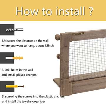 BEIUTAO Jewelry Organizer, Rustic Mesh Hanging Jewelry Holder with Removable Bracelet Rod, Shelf and 16 Hooks, Wooden Earring Organizer for Necklaces, Earings, Bracelets, Ring, Gifts For Women