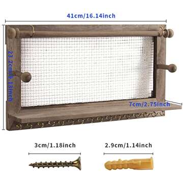 BEIUTAO Jewelry Organizer, Rustic Mesh Hanging Jewelry Holder with Removable Bracelet Rod, Shelf and 16 Hooks, Wooden Earring Organizer for Necklaces, Earings, Bracelets, Ring, Gifts For Women
