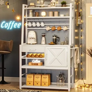 Itaar Baker's Rack, Coffee Bar Cabinet, Farmhouse Microwave Stand with Wine Rack, Storage Drawer and 8 Hooks, Bakers Racks for Kitchens with Storage, White