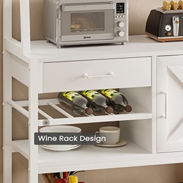 Itaar Baker's Rack, Coffee Bar Cabinet, Farmhouse Microwave Stand with Wine Rack, Storage Drawer and 8 Hooks, Bakers Racks for Kitchens with Storage, White
