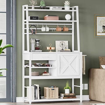 Itaar Baker's Rack, Coffee Bar Cabinet, Farmhouse Microwave Stand with Wine Rack, Storage Drawer and 8 Hooks, Bakers Racks for Kitchens with Storage, White