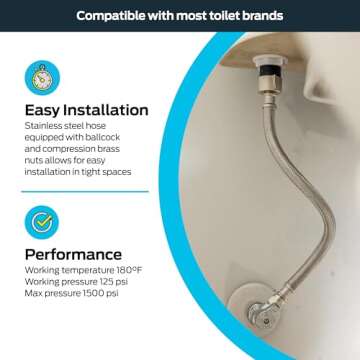 Eastman 12 Inch Flexible Toilet Connector, 7/8 Inch Ballcock x 3/8 Inch Compression, Stainless Steel Braided Hose, 48088