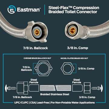 Eastman 12 Inch Flexible Toilet Connector, 7/8 Inch Ballcock x 3/8 Inch Compression, Stainless Steel Braided Hose, 48088