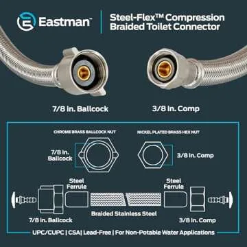 Eastman 12 Inch Flexible Toilet Connector, 7/8 Inch Ballcock x 3/8 Inch Compression, Stainless Steel Braided Hose, 48088