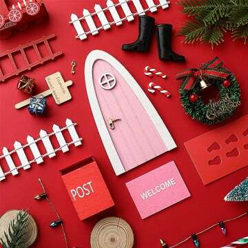 Hungdao 20 Pcs Christmas Elf Fairy Doors Decor Arched Door Fairy Doors Tooth Tiny Xmas Decor Wooden Tiny Miniature for Child (Pink)