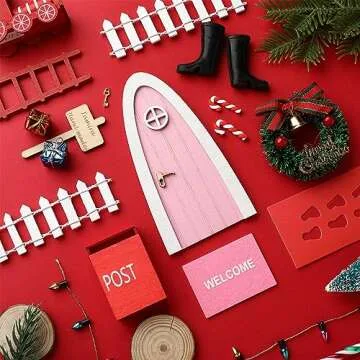 Hungdao 20 Pcs Christmas Elf Fairy Doors Decor Arched Door Fairy Doors Tooth Tiny Xmas Decor Wooden Tiny Miniature for Child (Pink)