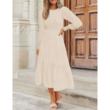 ZESICA Women's Casual Long Sleeve Crew Neck High Waist Smocked Flowy Tiered Midi Dress,Beige,Medium