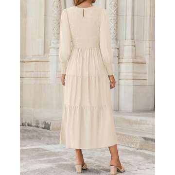 ZESICA Women's Casual Long Sleeve Crew Neck High Waist Smocked Flowy Tiered Midi Dress,Beige,Medium