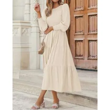 ZESICA Women's Casual Long Sleeve Crew Neck High Waist Smocked Flowy Tiered Midi Dress,Beige,Medium