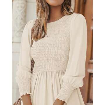 ZESICA Women's Casual Long Sleeve Crew Neck High Waist Smocked Flowy Tiered Midi Dress,Beige,Medium