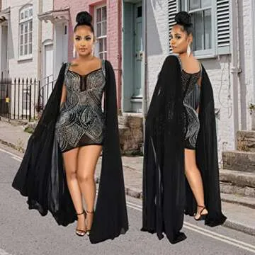 Lrady Women's Elegant Square Neck Sparkly Sexy See Through Mesh Cocktail Club Party Mini Dress with Cape, Black, Medium