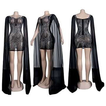 Lrady Women's Elegant Square Neck Sparkly Sexy See Through Mesh Cocktail Club Party Mini Dress with Cape, Black, Medium