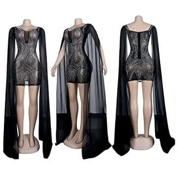 Lrady Women's Elegant Square Neck Sparkly Sexy See Through Mesh Cocktail Club Party Mini Dress with Cape, Black, Medium