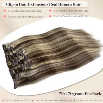 Clip in Hair Extensions Real Human Hair Brown and Blonde Highlights Human Hair Clip in Extensions 18...