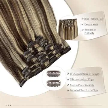 Clip in Hair Extensions Real Human Hair Brown and Blonde Highlights Human Hair Clip in Extensions 18 Inch 7PCS Highlight Medium Brown with Bleach Blonde Remy Hair Extensions Clip in for Women