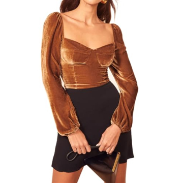 R.Vivimos Women's Fall Velvet Long Sleeve Square Neckline Vintage Crop Top