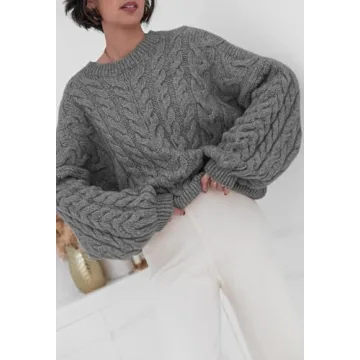 PRETTYGARDEN Womens Sweaters Spring 2025 Cable Knit Long Sleeve Crewneck Oversized Sweater Chunky Pullover Loose Outfits (Grey, Large)