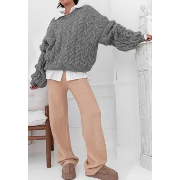 PRETTYGARDEN Womens Sweaters Spring 2025 Cable Knit Long Sleeve Crewneck Oversized Sweater Chunky Pullover Loose Outfits (Grey, Large)